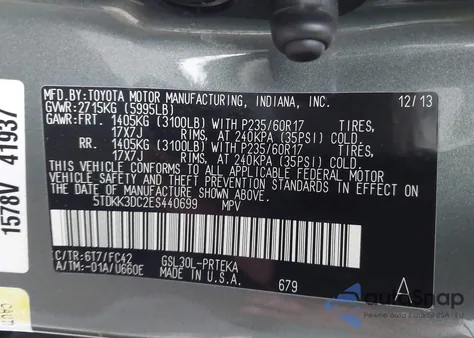 2014 Toyota Sienna Le V6 8 Passenger from USA, damaged, VIN 5TDKK3DC2ES440699